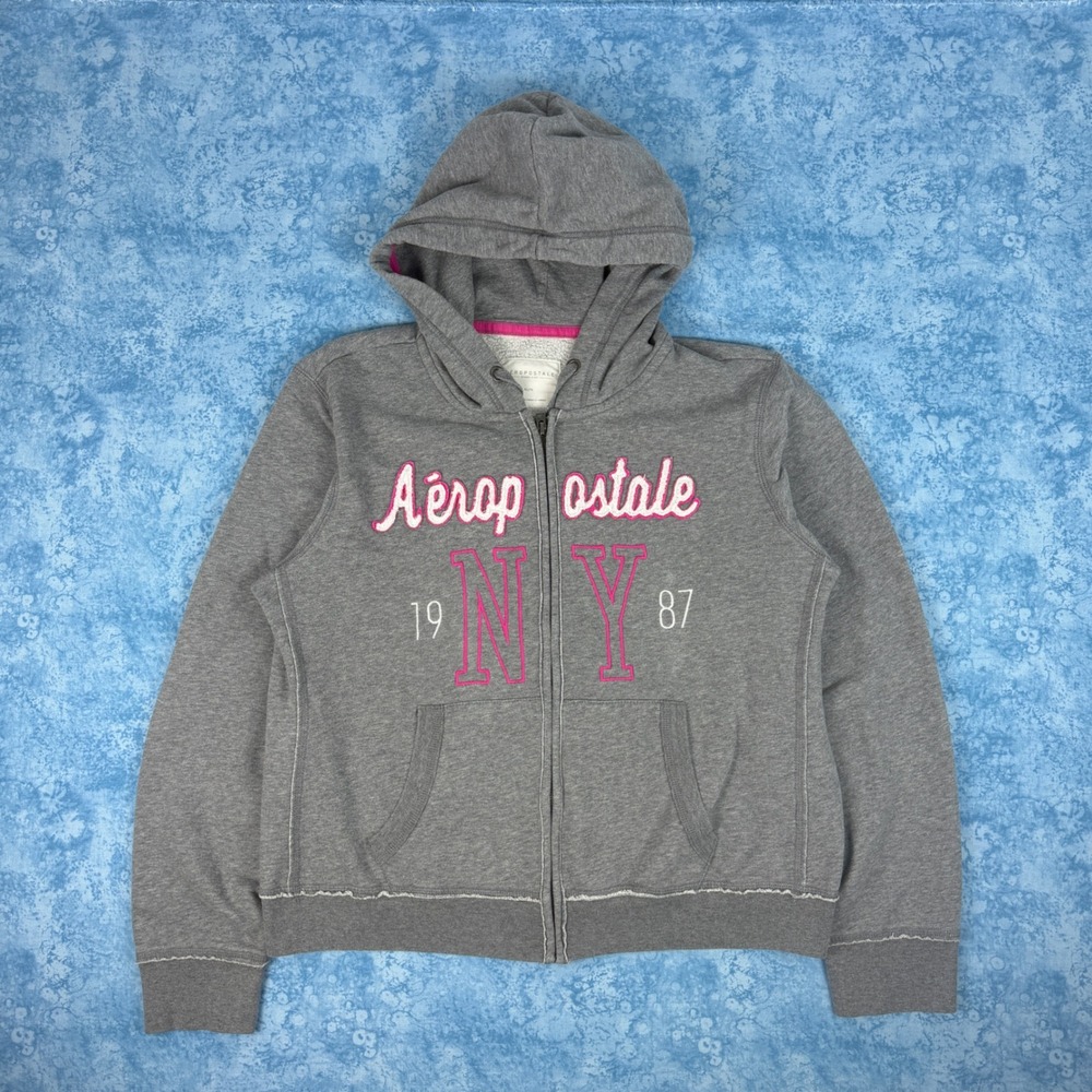 Aeropostale NY 1987 Embroidered Full Zip Hoodie Sweatshirt Women's XL Gray Pink